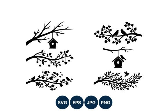 Birdhouse and Birds on Branches Illustrations