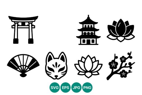 Black Silhouette Japanese Culture Icons - A Modern Graphic Design Asset