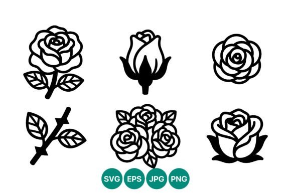 Black White Rose Line Art Set for Graphics and Illustrations