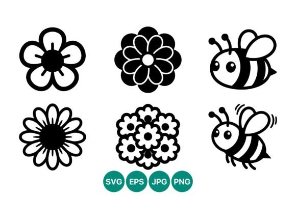 Cartoon Flower and Bee Vector Icons for Graphics and Illustrations