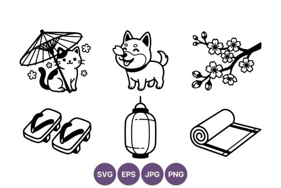 Cat Dog Cherry Blossom Japanese Vector Illustration