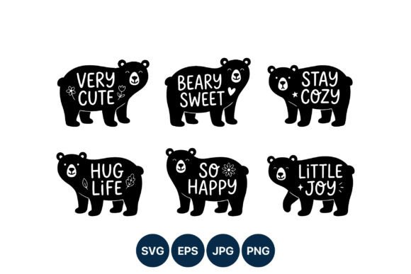 Cute Bear Phrases Black White Vector Graphics