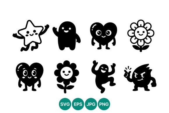 Cute Black and White Star Heart Flower Graphics