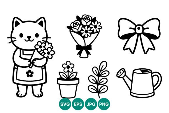 Cute Cat Holding Flower Bouquet Line Art for Graphics and Illustrations