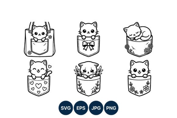 Cute Cats in Pockets Black and White Graphics