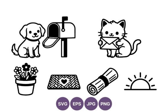 Cute Dog and Cat Holding Mail with Illustrations