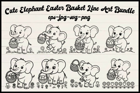 Cute Elephant Easter Basket Line Art Set for Graphics and Illustrations