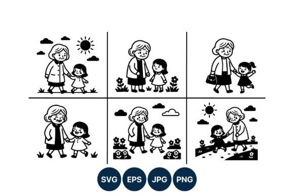 Grandmother and Granddaughter Walking Graphics