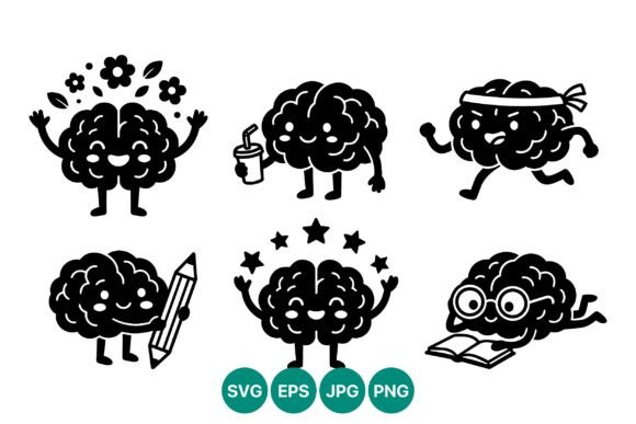 Happy Brain Cartoon Characters Vector Graphics