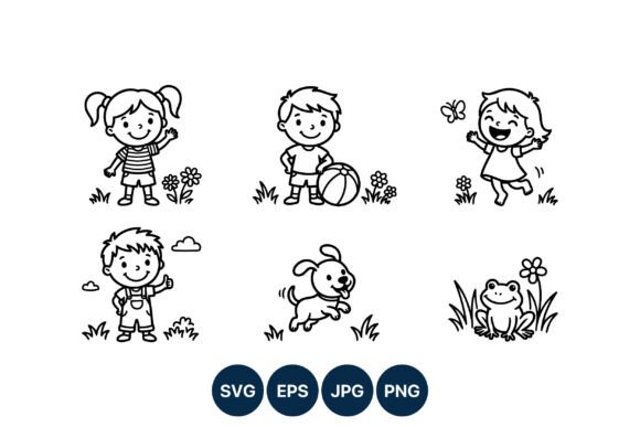 Happy Kids Playing Dog Frog Vector Art for Graphics and Illustrations