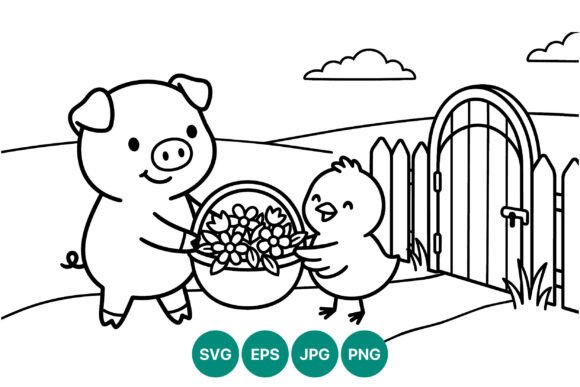 Pig and Chick Holding Flower Basket Graphics