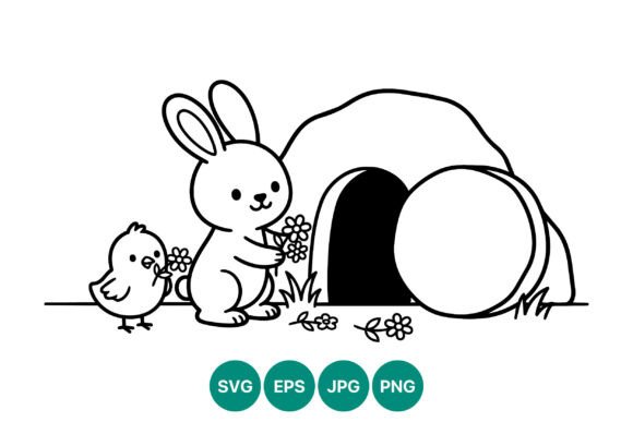Rabbit and Chick Flower Line Art for Local Business Branding