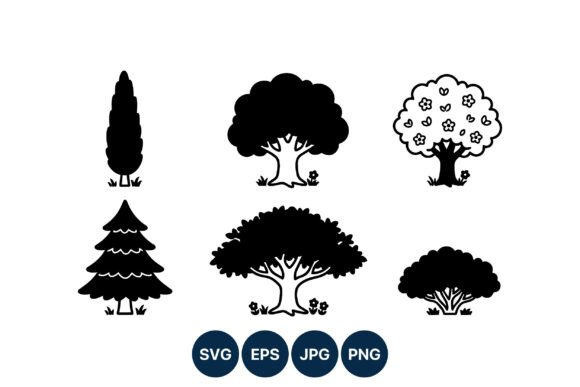 Six Black Tree Silhouettes Vector Art for Graphics and Illustrations